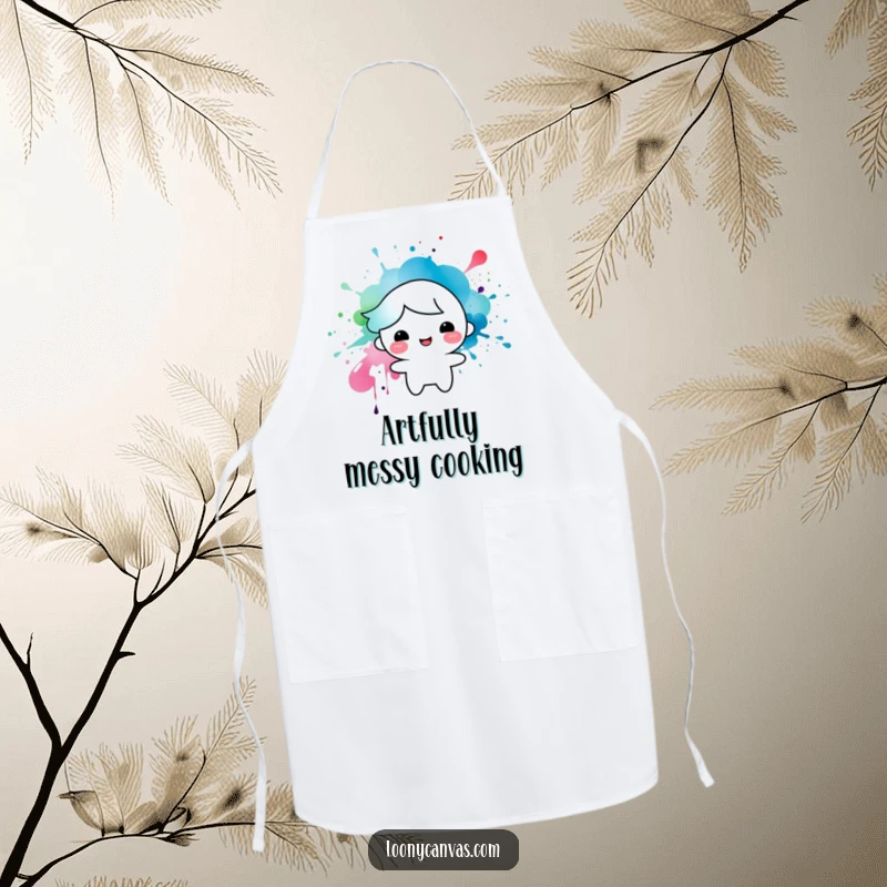 Funny apron featuring a happy character formed from an ink splatter, a humorous and practical accessory for creative individuals.