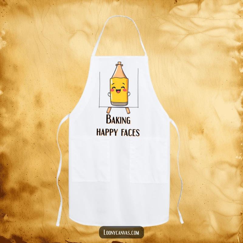 Funny artist apron with a giggling crayon drawing a smiley face, for cheerful and fun art creation.