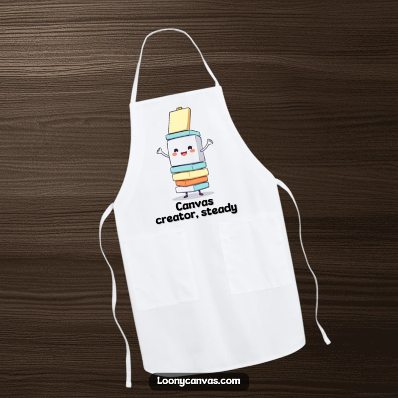 Funny apron showing a cheerful cube character enthusiastically balancing a stack of wobbling canvases, perfect for humorous art or kitchen adventures.