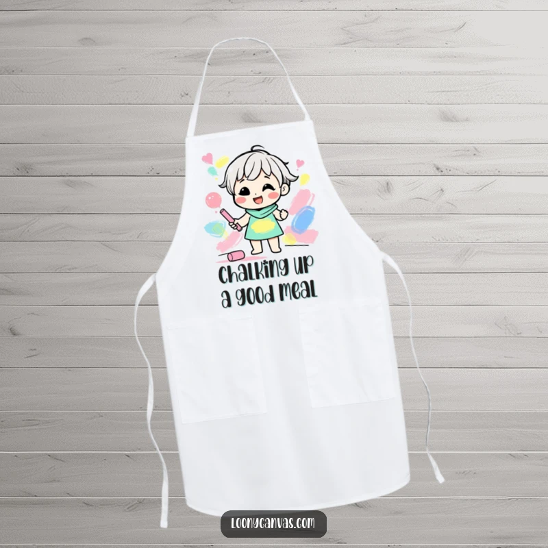 Funny apron with a gleeful character creating abstract shapes with colored chalk, perfect for messy art projects.