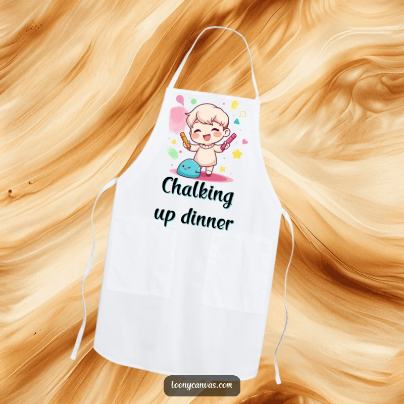 Funny apron illustration of a gleeful character creating abstract shapes with colorful chalk, ideal for artistic endeavors.