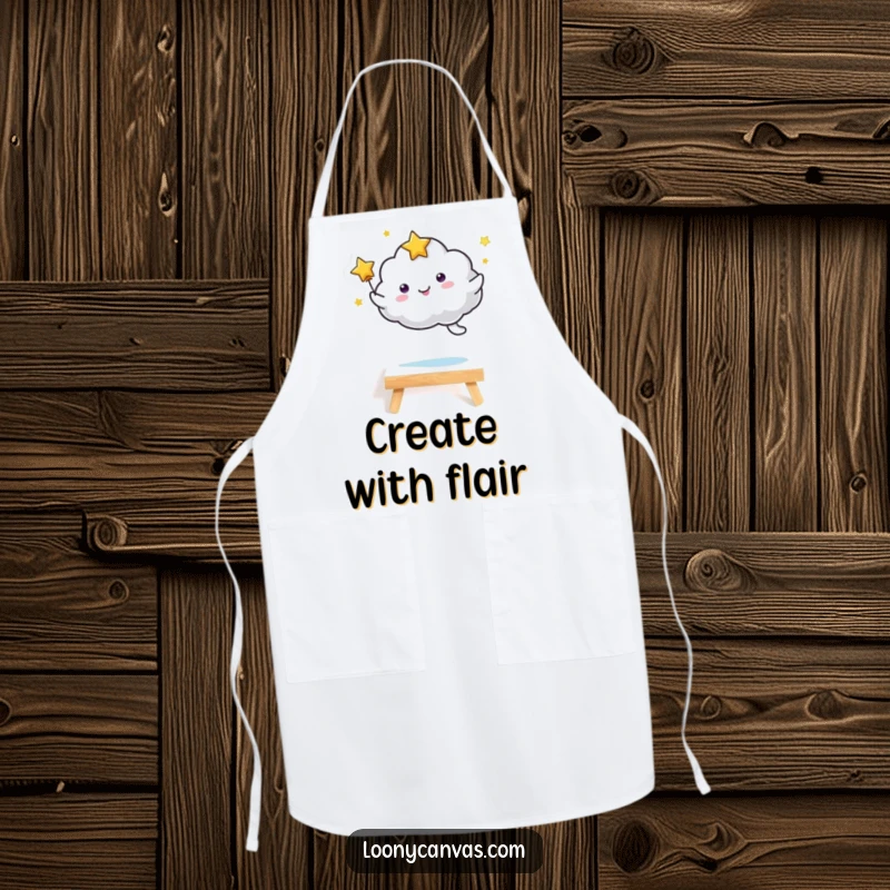 Funny kawaii starry cloud character joyfully leaping over a tiny canvas, designed for artists and chefs. A practical and funny apron.