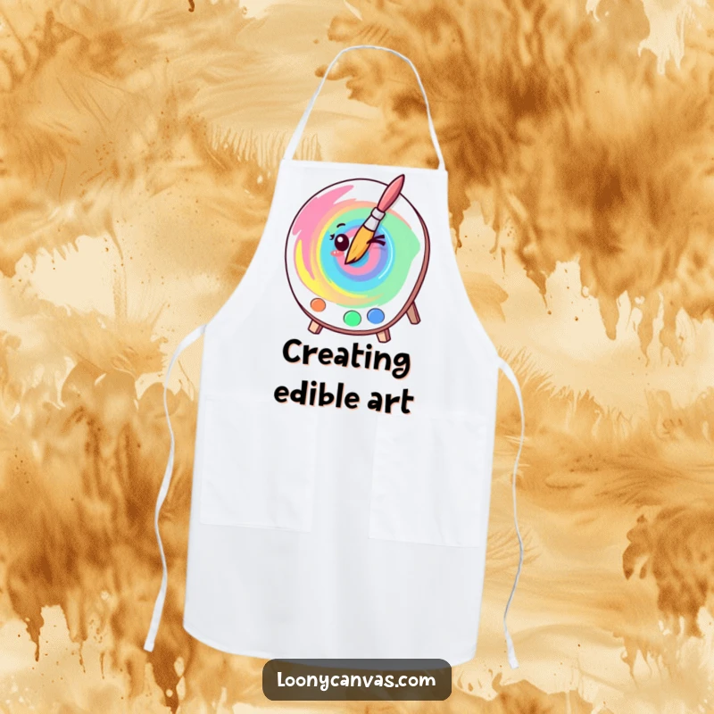 Funny kawaii winking paintbrush artistically swirling colors on a kitchen apron, a humorous gift for cooks and artists.