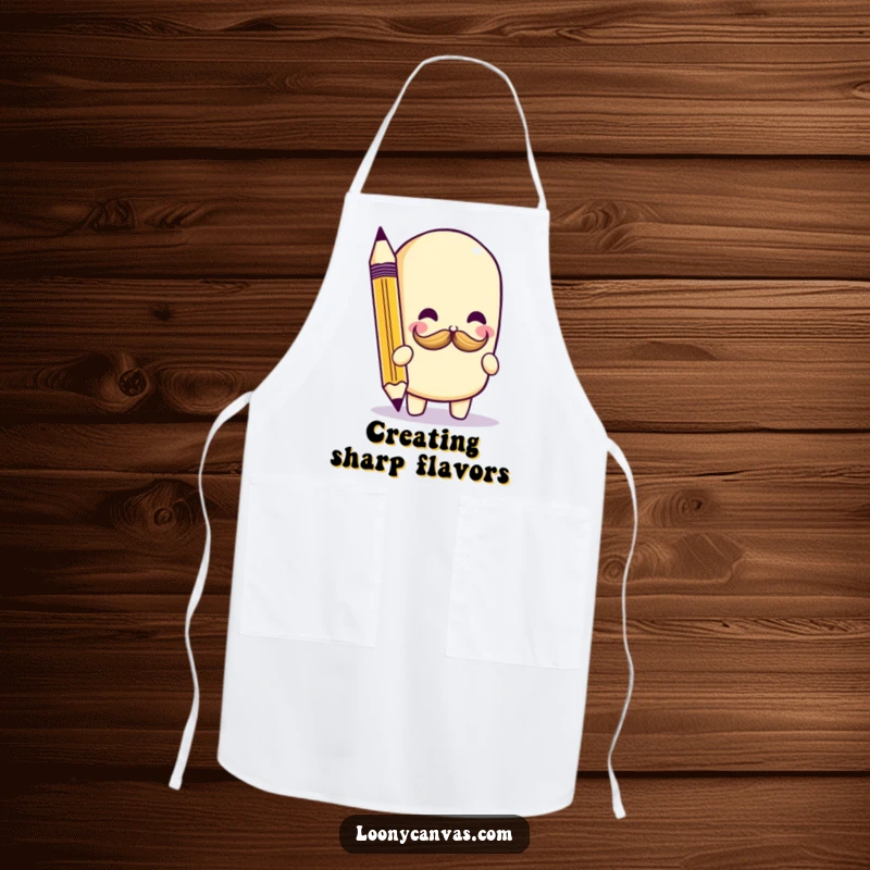 Funny kawaii pencil character drawing a tiny mustache, designed on a practical apron for a humorous kitchen experience.