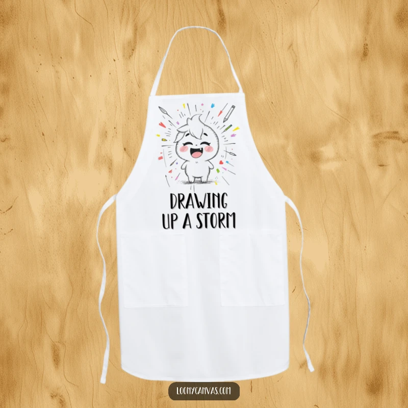 Funny giggling Kawaii pencil character drawing a chaotic scribbled masterpiece, a humorous and practical kitchen apron.
