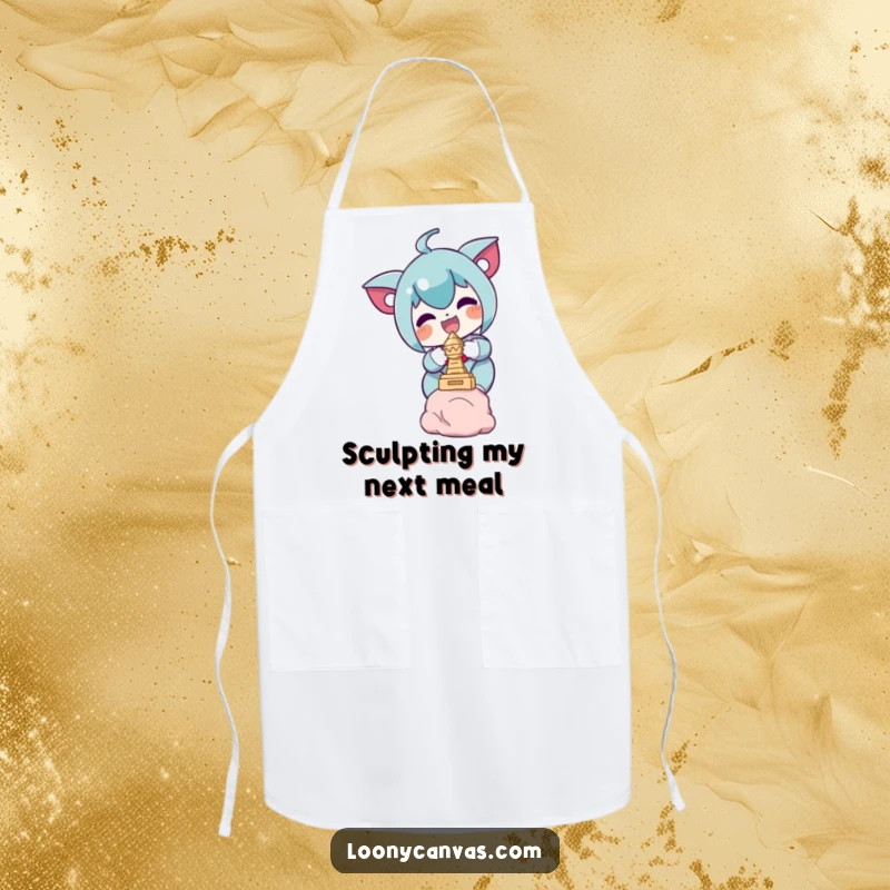 Funny apron featuring a delighted character humorously balancing a tiny sculpture, ideal for messy artists and cooks.