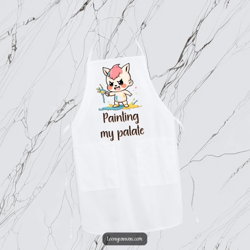 Funny apron illustration of a mischievous character playfully splattering colorful paint, perfect for artists and crafters.