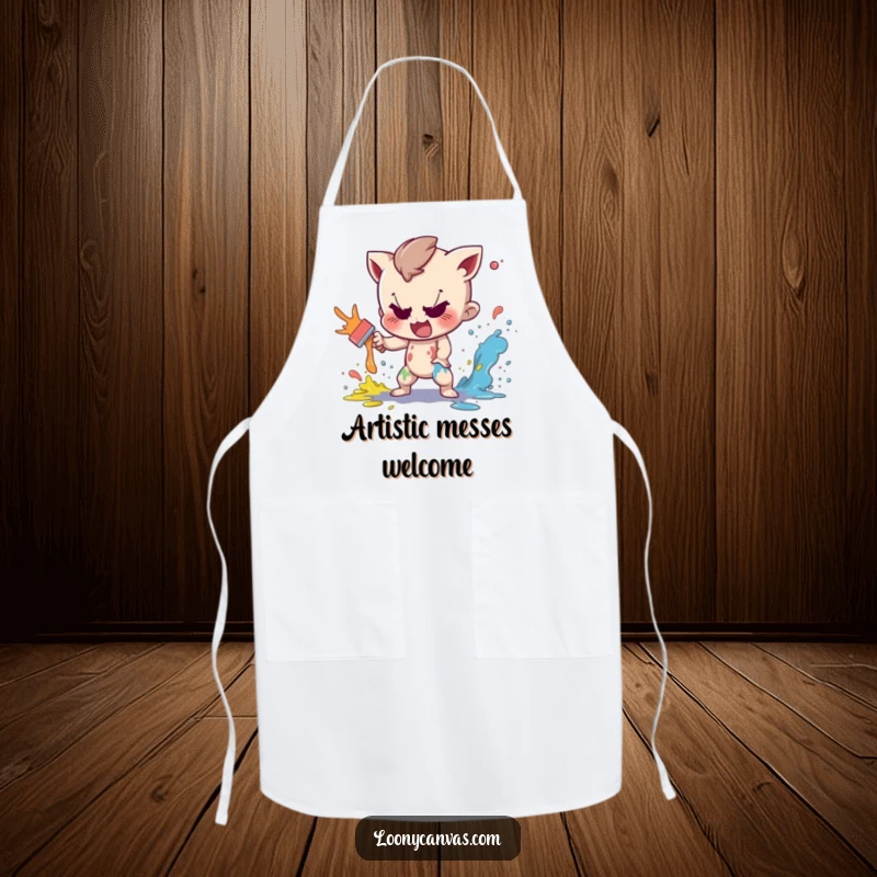 Funny apron with a mischievous character playfully splattering paint, ideal for protecting clothes during artistic endeavors.