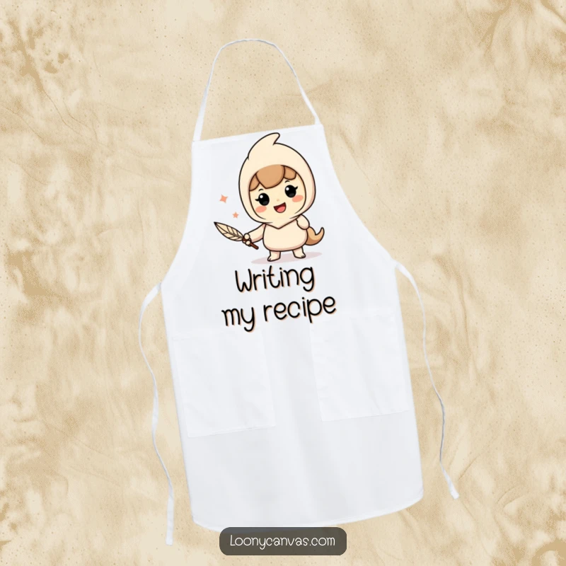 Funny apron showcasing a cheerful character enthusiastically writing with a quill pen, ideal for creative messes.