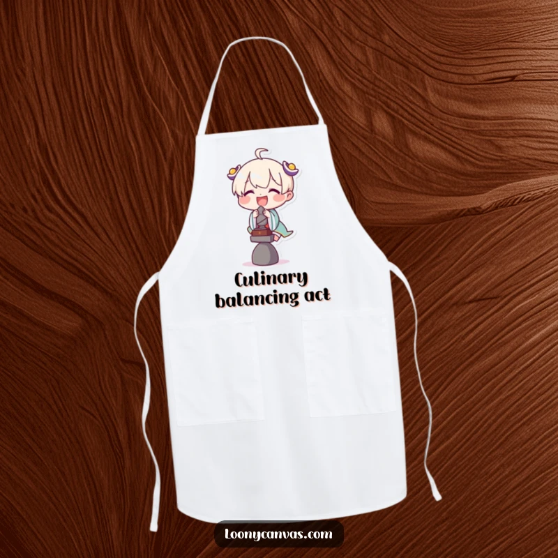Funny apron depicting a delighted character attempting to balance a tiny sculpture, a humorous design for culinary artists.