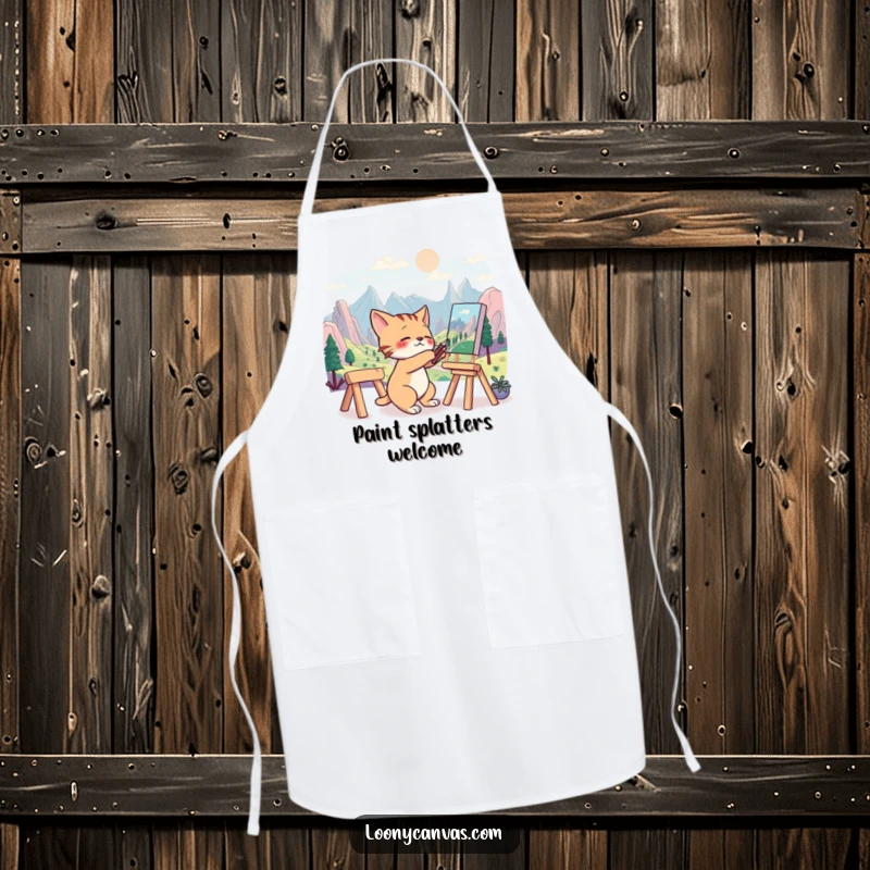 Funny apron with a frantic cat character intensely painting a surreal landscape, ideal for messy art sessions.