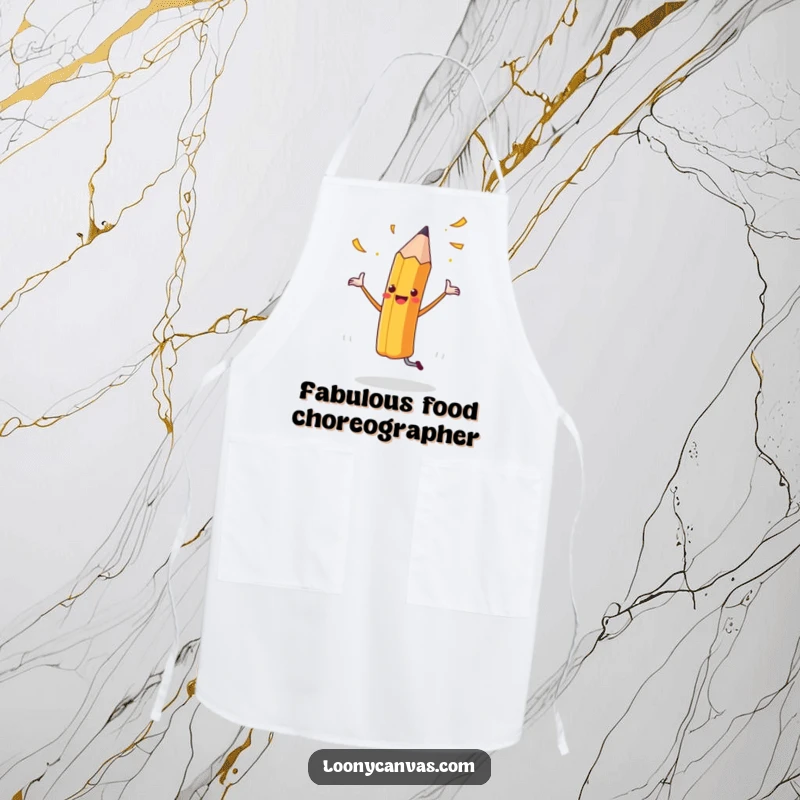 Funny artist apron with a cheerful dancing pencil and airborne shavings, for enthusiastic and fun art creation.