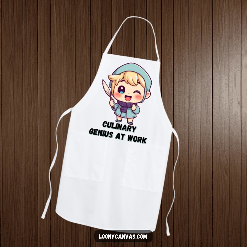 Funny apron with a cheerful character writing with a quill, blending culinary arts with literary inspiration humorously.