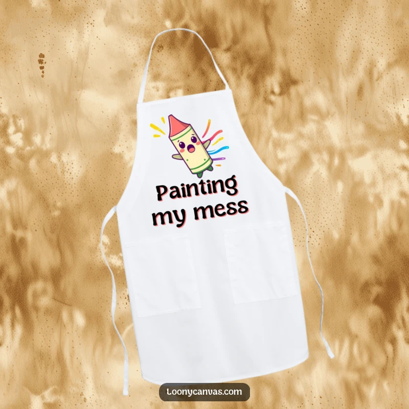 Funny surprised crayon character spinning uncontrollably, leaving a colorful streak on a kitchen apron, perfect for creative and colorful cooking.