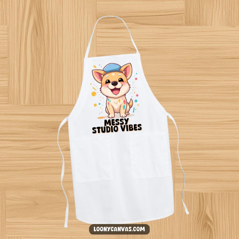 Funny apron showing a happy dog in a beret, energetically splattering paint, perfect for kitchen or art studio protection.
