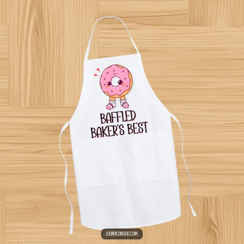 Funny apron with a confused donut character looking bewildered by its tiny, mismatched socks, adding quirky charm to cooking.