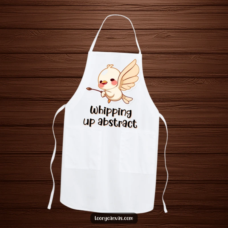 Funny apron with a flying chisel character carving abstract shapes, ideal for artists and chefs who love a touch of humor in the kitchen.