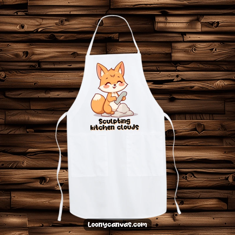 Funny apron depicting a cheerful fox using a chisel to sculpt a cloud, perfect for kitchen or art studio protection.
