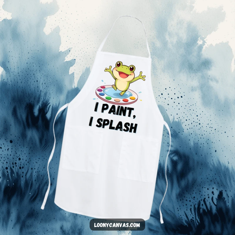 Funny Frog Apron: A joyful frog character jumping into a colorful paint palette, ready for messy artistic cooking.