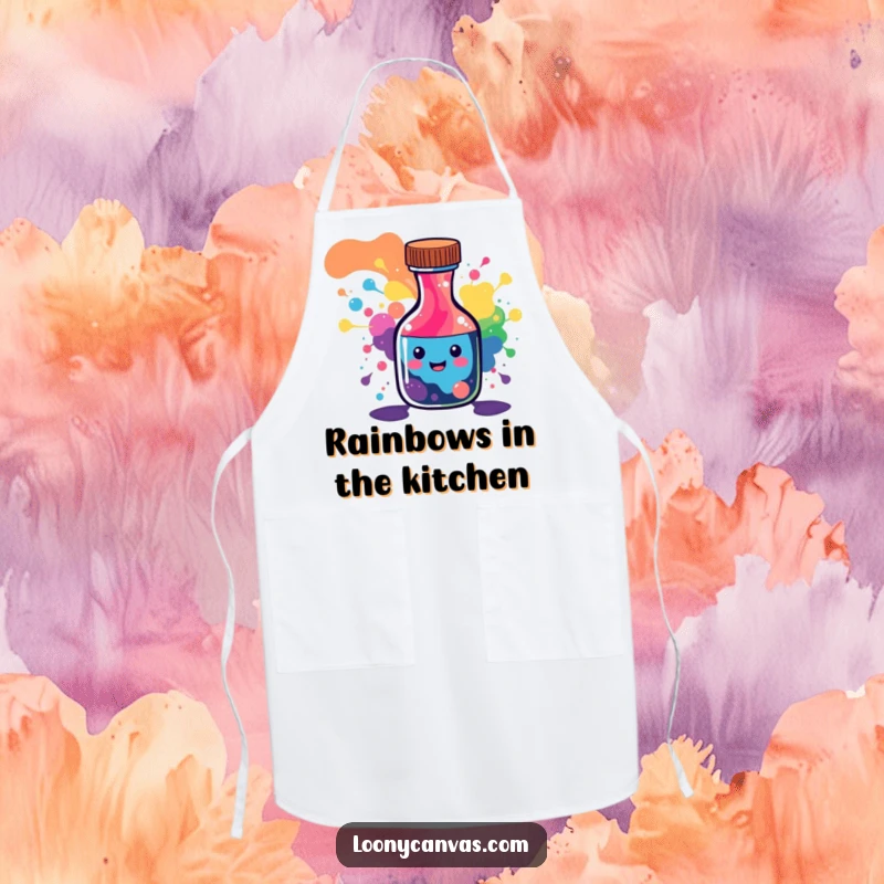 Funny apron with a happy ink bottle character spilling a vibrant, abstract rainbow of paint patterns while cooking.