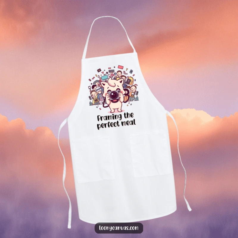 Funny happy Kawaii camera character snaps a chaotic photo on an apron, bringing creative chaos to cooking.