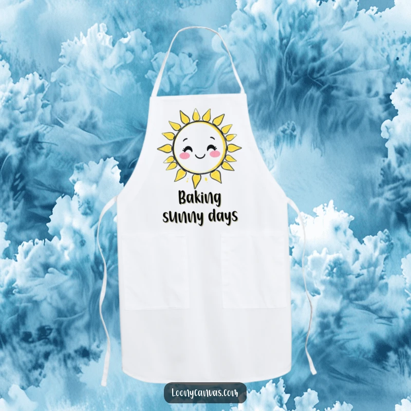 Funny kawaii chalk character drawing a wobbly, smiling sun on a functional apron, bringing cheerful vibes to cooking.