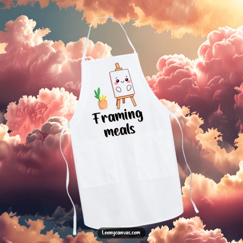 Funny kawaii easel apron, leaning precariously with a smile, humorous kitchen wear, an ideal funny gift.