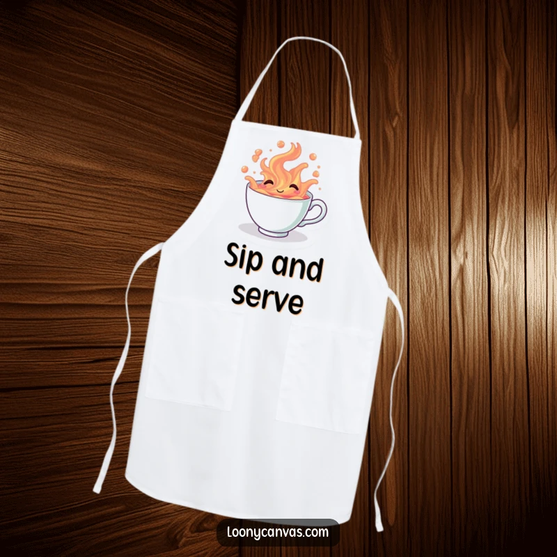 Funny kawaii giggling teacup overflowing with vibrant tea on a kitchen apron, a humorous gift for chefs and tea lovers.