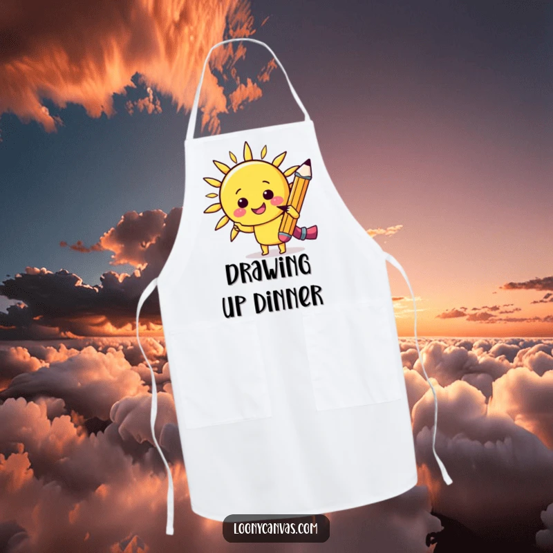 Funny kawaii cheerful pencil drawing a smiling sun on a kitchen apron, a humorous gift for artists and chefs.