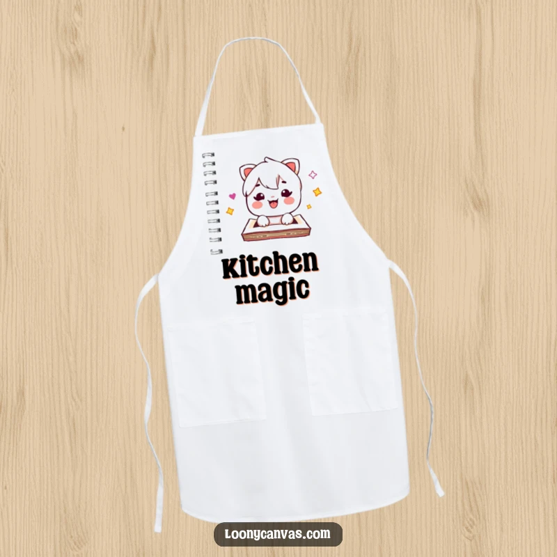 Funny kawaii sketchpad apron, popping open with surprise, humorous kitchen wear, an ideal funny gift.
