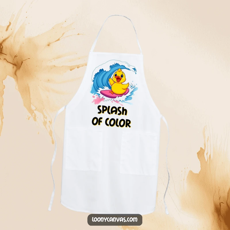 Funny kawaii excited rubber ducky surfing a vibrant paint wave on a kitchen apron, a humorous gift for artists and foodies.