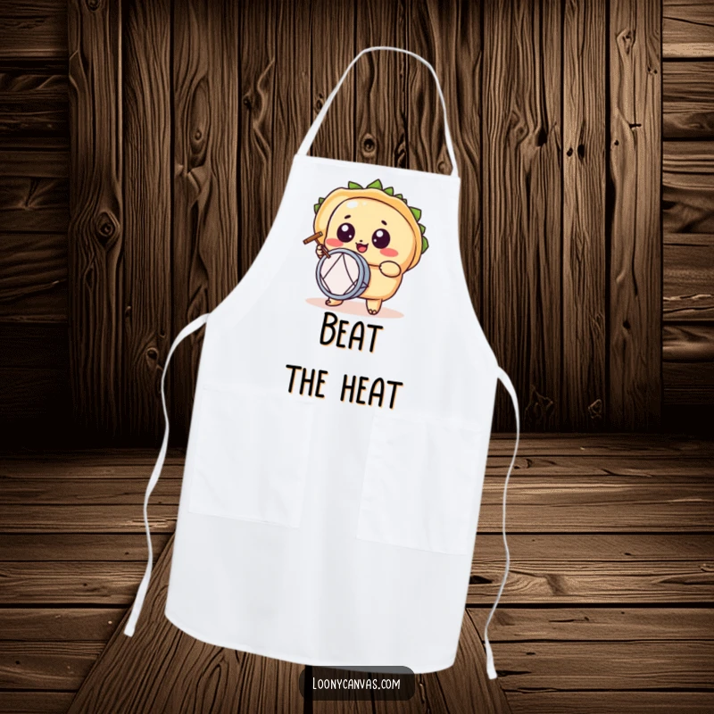 Funny kawaii taco character apron, a wide-eyed taco enthusiastically playing a tiny drum, ready for kitchen fiesta.