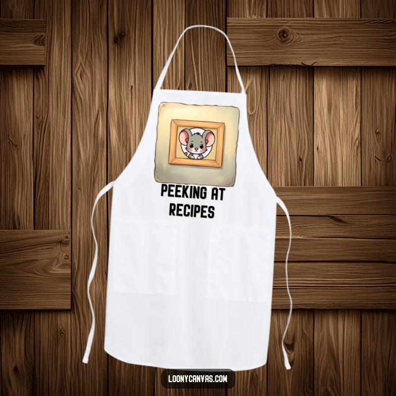 Funny mouse character peeking through a keyhole in a painting, this apron is a funny gift for kitchen adventurers.