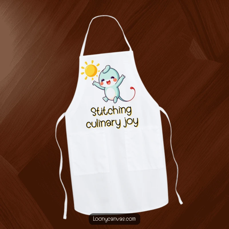 Funny apron featuring a leaping needle character stitching a bright sun, ideal for cooks who enjoy sewing-themed humor in the kitchen.