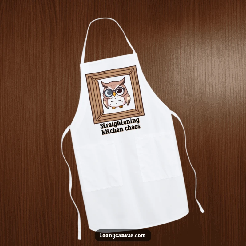 Funny apron showing a determined owl with a monocle examining a crooked frame, perfect for kitchen or studio protection.