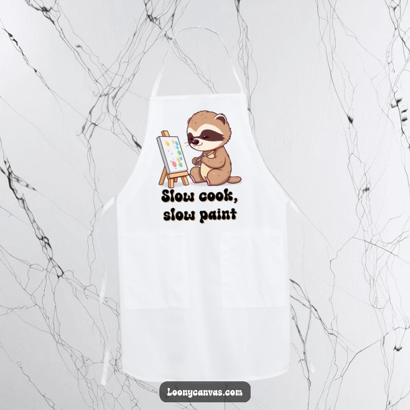 Funny playful sloth character slowly dabbing paint onto a tiny canvas on a kitchen apron, for art enthusiasts.