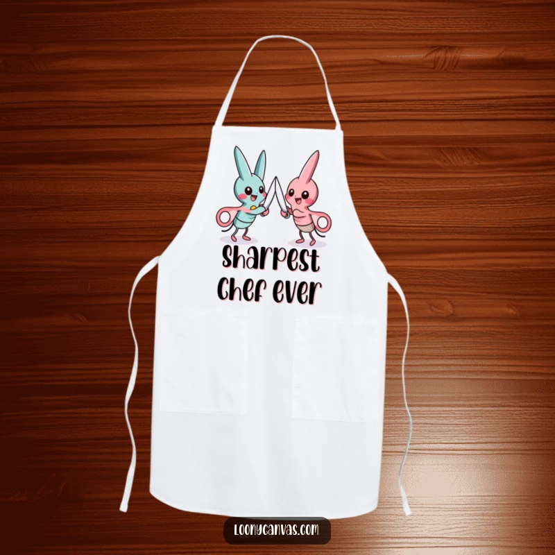 Funny apron featuring two playful scissors characters in a friendly cutting duel, ready for kitchen battles.