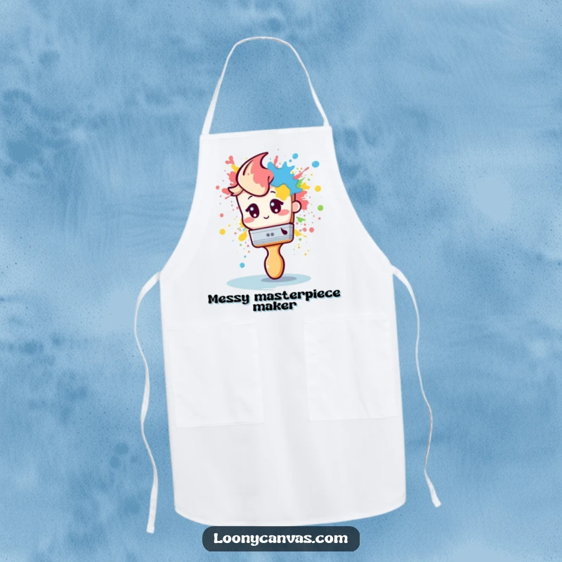 Funny artist apron with a shy paintbrush dramatically splattering paint, offering humorous protection for messy creative sessions.