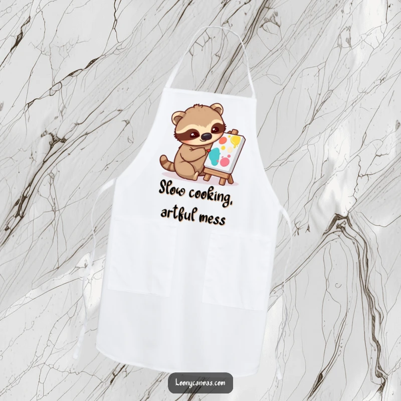 Funny apron graphic of a playful sloth character slowly dabbing paint onto a tiny canvas, ready for artistic endeavors.