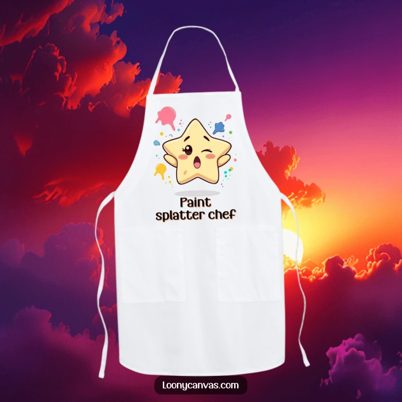 Funny apron showing a surprised star character winking while juggling paint splatters, perfect for humorous artistic endeavors.
