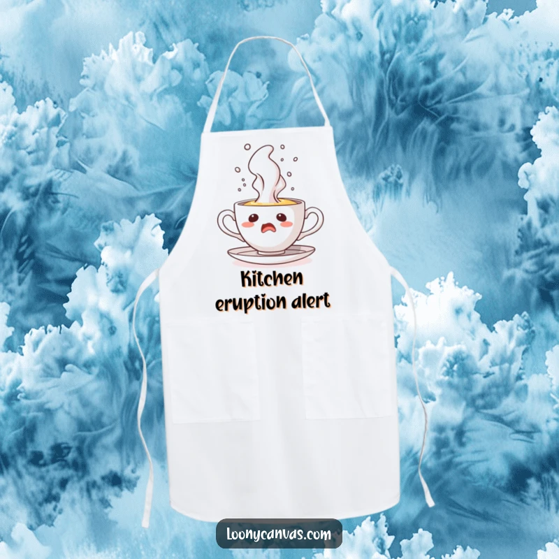 Funny apron with a startled teacup character erupting steam like a geyser, adding comical energy to kitchen duties.