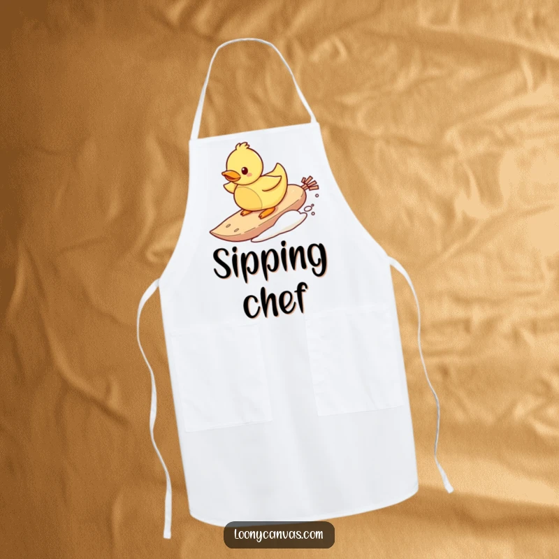 Funny apron featuring a playful rubber ducky character surfing on a teabag, perfect for adding humorous water-themed fun to cooking.