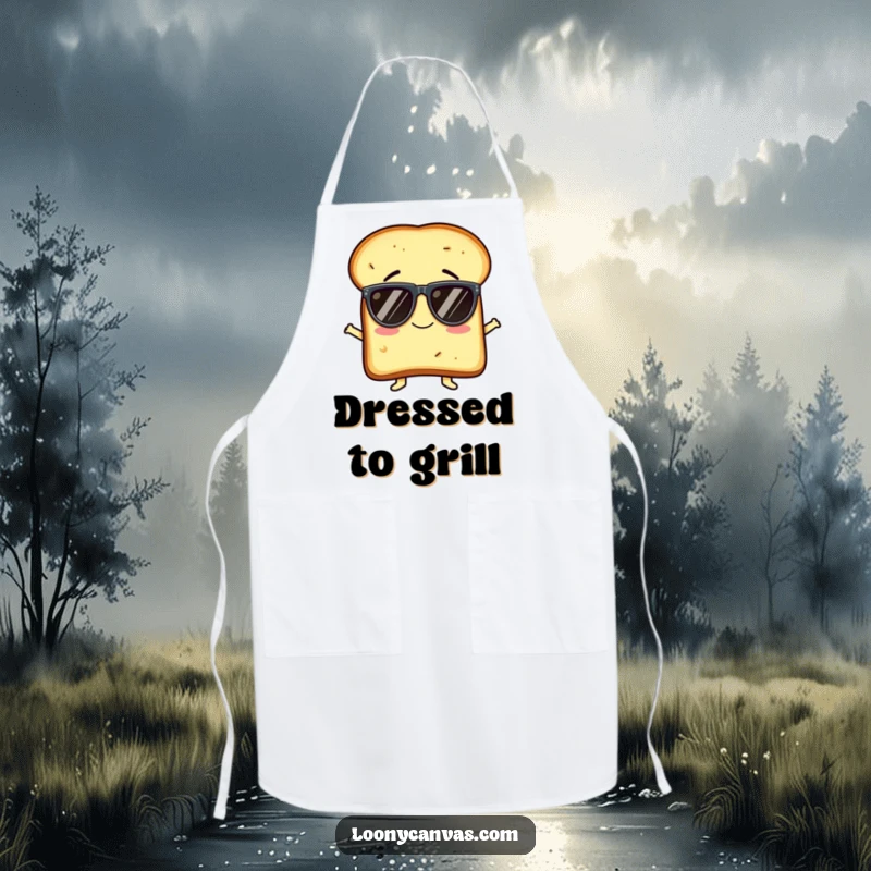 Funny apron illustrated with a giggling slice of toast character comically wearing oversized sunglasses while cooking, bringing cheer to the kitchen.