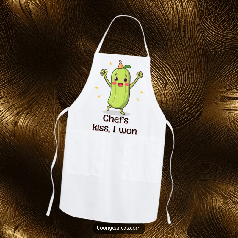 Funny apron with a triumphant pickle character performing a victory dance, adding festive energy to cooking.