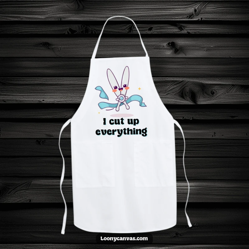 Funny apron featuring a delighted scissors character happily snipping a flowing ribbon, perfect for chefs and crafters with a sense of humor.