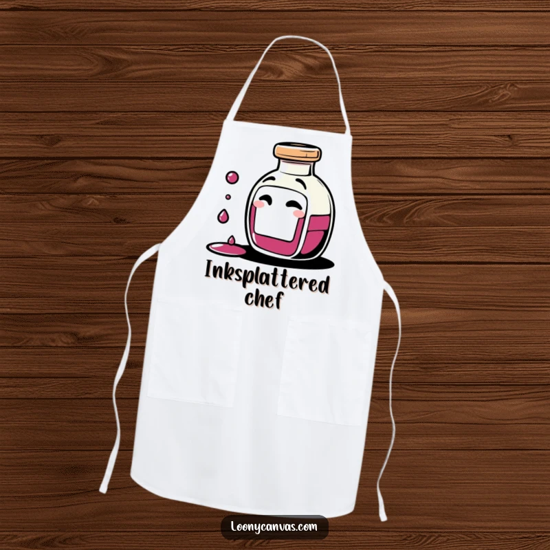 Funny giggling ink bottle character spilling tiny drops of ink with a mischievous wink on a kitchen apron, ideal for creative cooking.