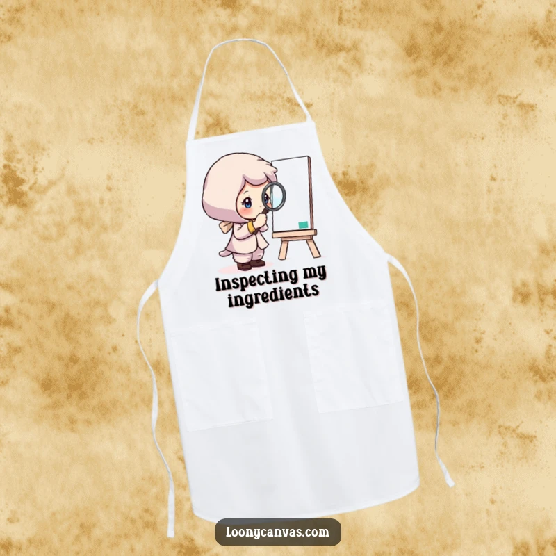 Funny apron illustration of a curious character using a magnifying glass to carefully examine a canvas, ideal for detailed tasks.