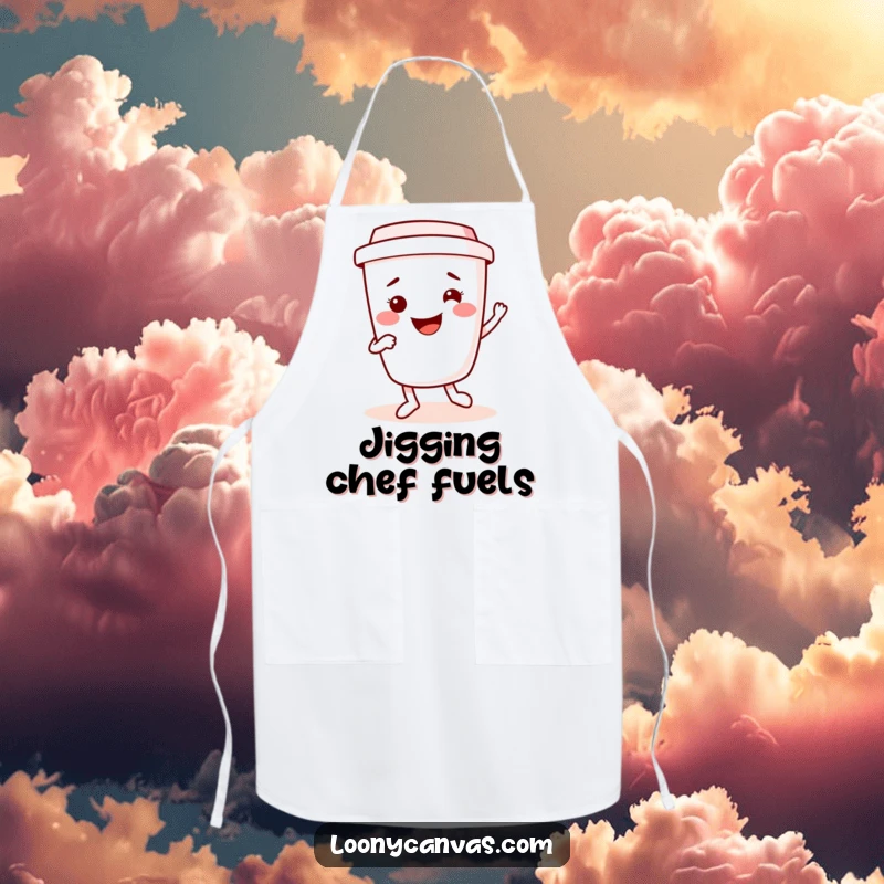 Funny kawaii coffee cup character doing a cheerful jig, ideal for protecting clothes while cooking. A practical and funny chef apron.