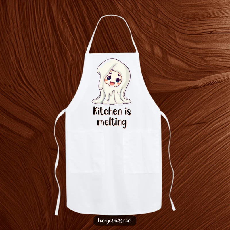 Funny melting sculpture apron, a surprised character reacts to a dripping artwork. Protects clothes with humor.