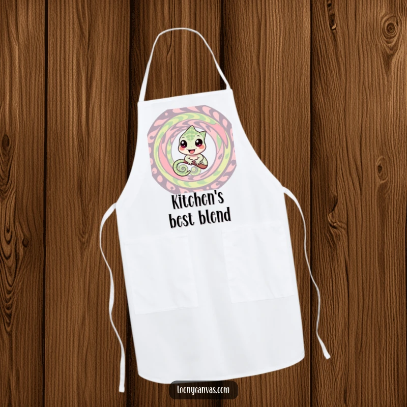 Funny apron featuring a cheerful chameleon blending into a swirling pattern, ideal for cooks who appreciate humor and adaptability in the kitchen.